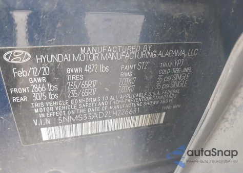 2020 Hyundai Santa Fe Sel from USA, damaged, VIN 5NMS33AD2LH226631